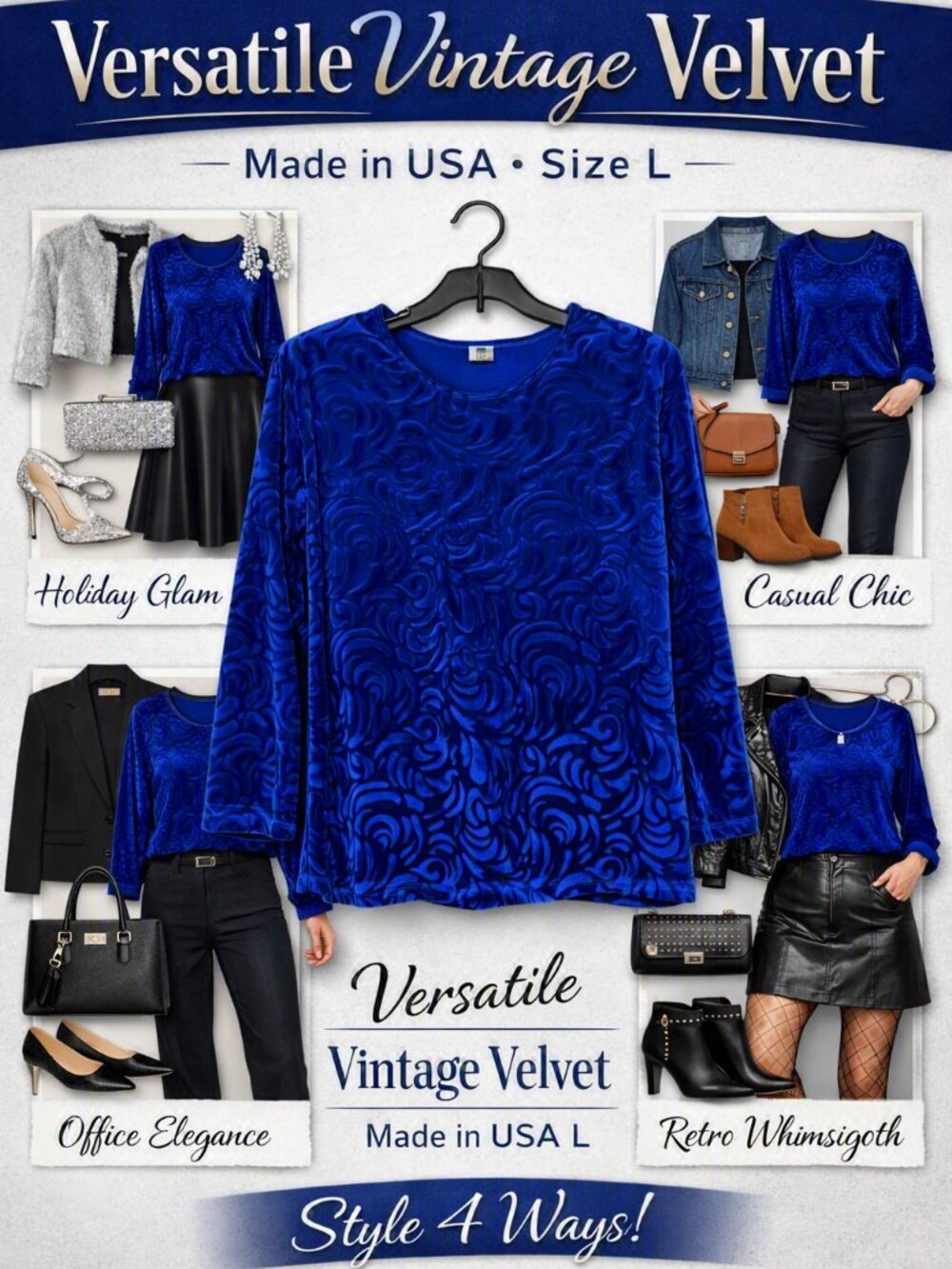 Vintage 90s Royal Blue Burnout Velvet Rose Top - Y2K Whimsigoth Made in USA (L)